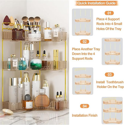 SUNZOS Corner Bathroom Counter Organizer, 3-Tier Countertop Perfume Tray Organizer with Makeup Brush Holder, Vanity Makeup Cosmetic Storage for Dresser