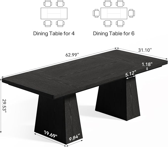 LITTLE TREE Dining Table for 6 People, Wooden Table, Rectangle Furniture with Heavy Duty Legs, Modern Kitchen Table for Home, Dining Room, Black