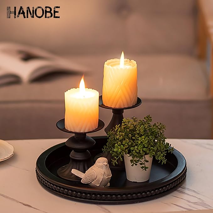 Hanobe Decorative Serving Tray Wood: Black Bead Round Tray for Rustic Wooden Trays Decor Farmhouse Kitchen Counter Circle Tray Vintage Centerpiece for Living Room Home Organizer