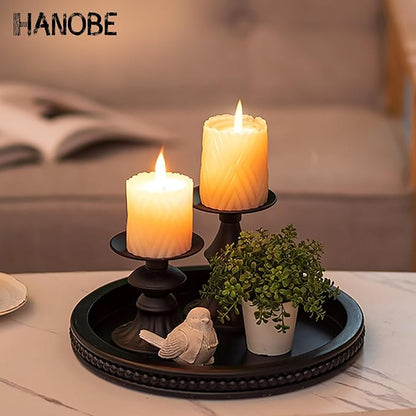 Hanobe Decorative Serving Tray Wood: Black Bead Round Tray for Rustic Wooden Trays Decor Farmhouse Kitchen Counter Circle Tray Vintage Centerpiece for Living Room Home Organizer