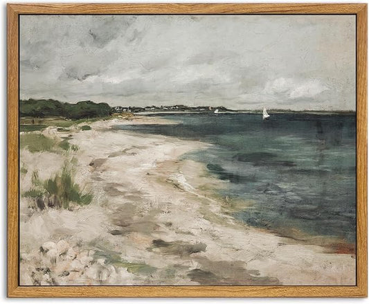 KBKBART Vintage Wall Art, Retro Coastal Seaside Beach House Framed Canvas Art Prints Painting Farmhouse Decor, Rustic Impressionism Scenic Landscape Wall Decor for Bathroom, Bedroom Living Room,