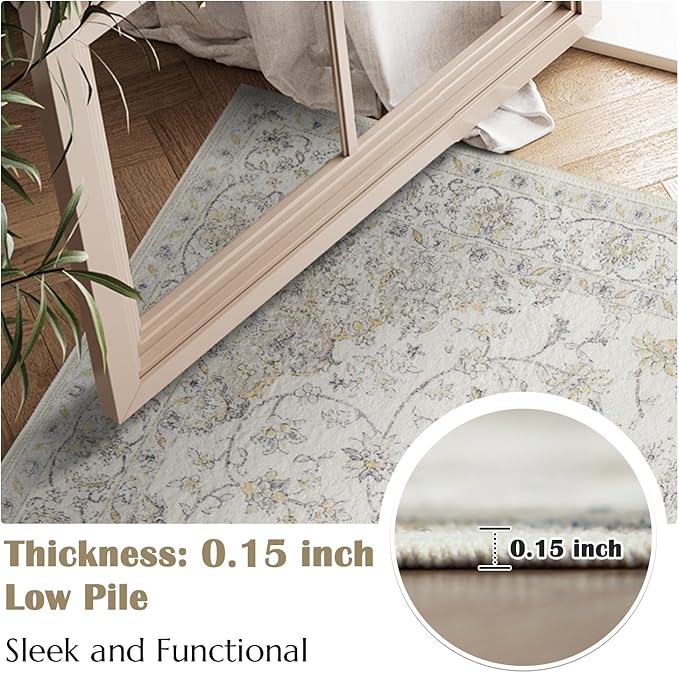 jinchan Vintage Floral Washable Runner Rug 2x6 Non-Slip Low Pile Carpet, Grey