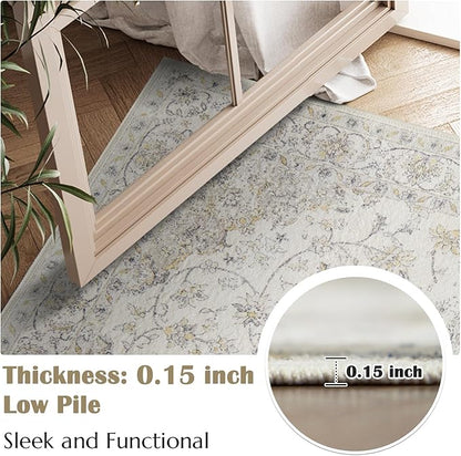 jinchan Vintage Floral Washable Runner Rug 2x6 Non-Slip Low Pile Carpet, Grey