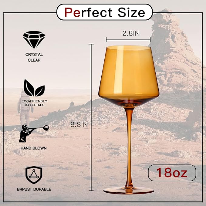Terracotta Wine Glasses Set of 6- Hand-Blown Colored Crystal Stemware With Long Stem and Thin Rim,Crystal Glasses for Wine & Cocktails, Premium Gift for Wedding, Anniversary, Birthday – Hand Wash