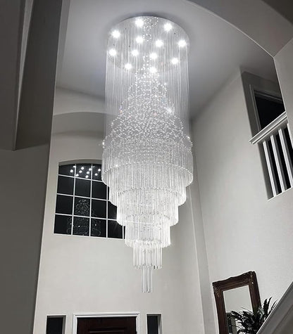 W32 x H100 Glam Chandelier with LED Bulbs Crystal Raindrop High Ceiling Pendant Light for Entrance Large Villa Chandelier Foyer Lighting Fixtures Silver