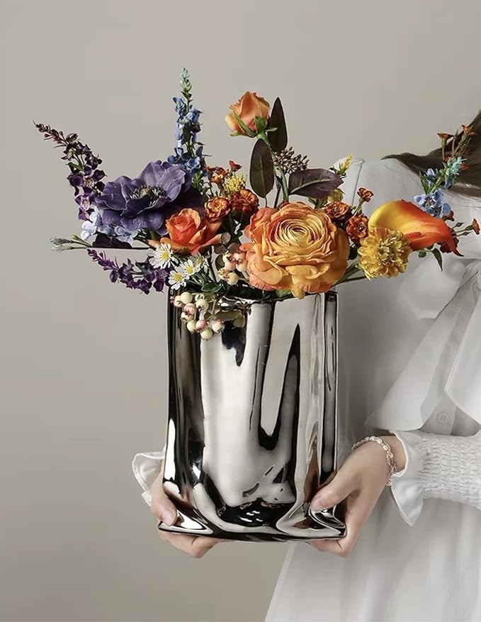 BLOFLO Silver Ceramic Modern Vase Crinkle Fold Paper Bag Handmade Ceramic Vase, Creative Flower Arrangement Ornaments, Decorative Vases for Home Decor, Mantel, Living Room Decoration (Silver)