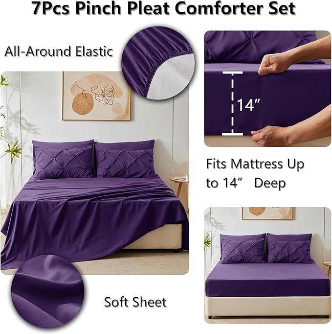 CozyLux Full Size Comforter Sets Purple, 7 Pieces Pintuck Bed in A Bag Purple Comforter Full Size, Pinch Pleat Bedding Sets with All Season Comforter, Sheets, Pillowcases & Shams