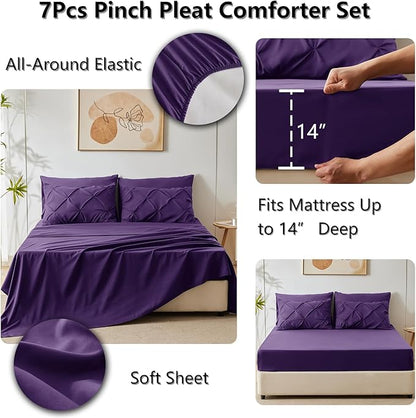 CozyLux Full Size Comforter Sets Purple, 7 Pieces Pintuck Bed in A Bag Purple Comforter Full Size, Pinch Pleat Bedding Sets with All Season Comforter, Sheets, Pillowcases & Shams