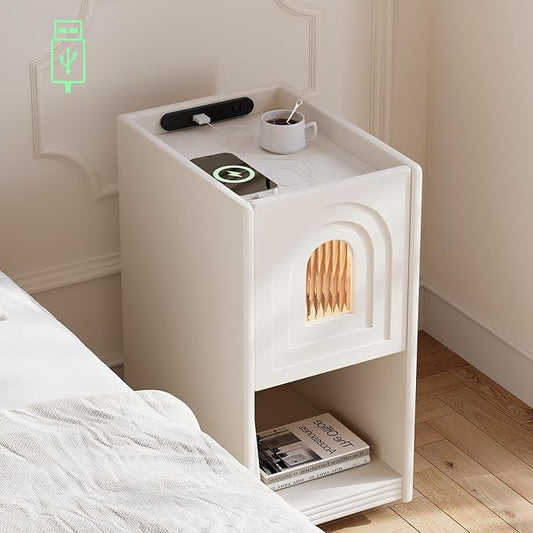 homary Modern Narrow White Nightstand with USB Port & Sensor Light, Smart Bedside Table with Charging Station for Bedrooms Living Rooms