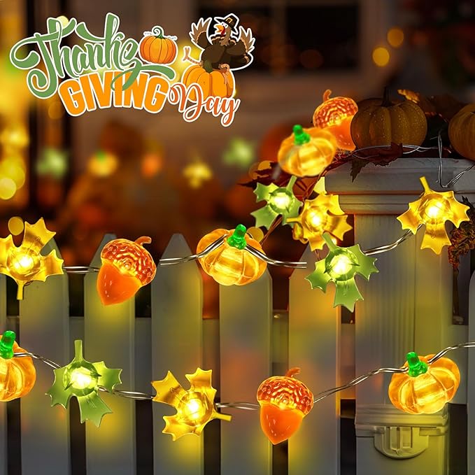 Coquimbo Fall Decorations Thanksgiving for Home, 10FT 30 LED Pumpkin Maple Leaf Lights Battery Operated Fairy String Lights Autumn Harvest Table Indoor Outdoor Decor Halloween Party Decorations Gifts