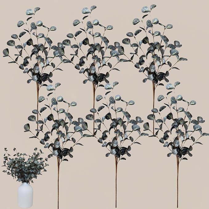 RyddeligHome 6 Branches Artificial Tree Long Eucalpytus Stems for Tall Vase, Eucalyptus Centerpieces for Tables, 23" Dusty Green Faux Stems for Vase, Realistic Greenery Branches Fillers for Home Décor