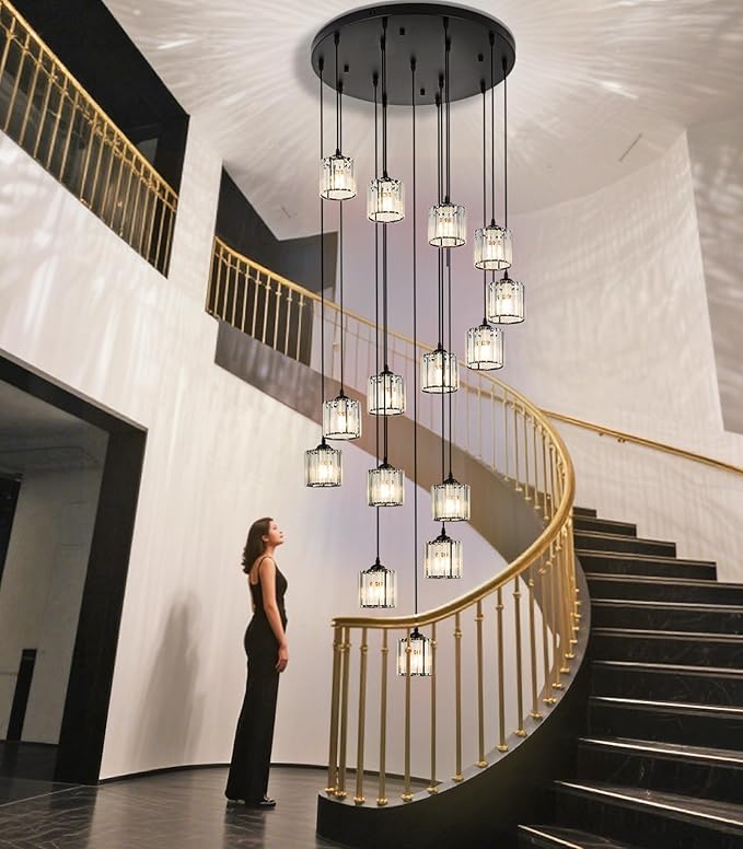 Long Chandeliers for High Ceilings,Modern Crystal Pendant Light,Raindrop Drop Lamp,Hanging Lighting Fixtures for Spiral Staircase,Foyer,Entryway,Living Room,Black (15 Lights)