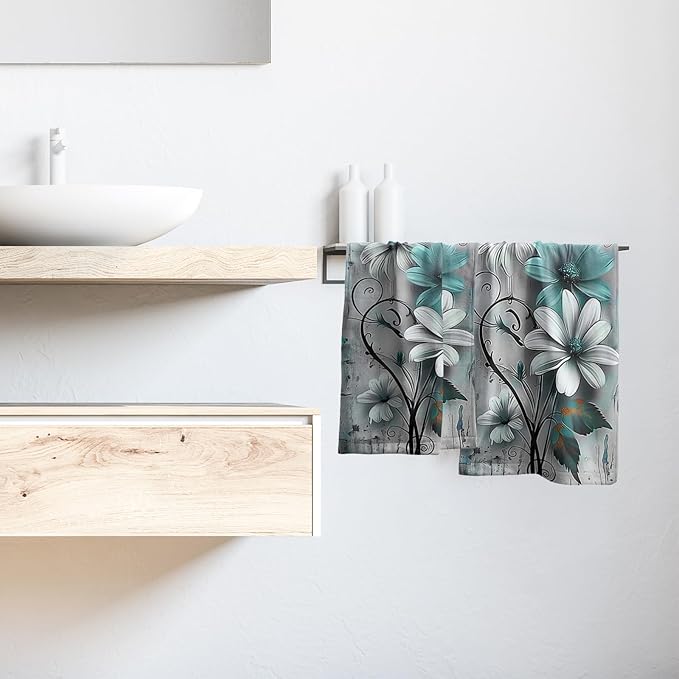 Rustic Farmhouse Hand Towels Teal Daisy Floral Butterfly Wooden Print Decorative Absorbent Kitchen Spa 28x14