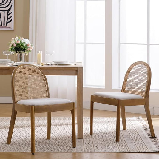 Mid Century Dining Chairs Set of 2, Rattan Linen Fabric Side Chairs Kitchen Chair with Solid Wooden Legs for Living Room Dining Room, Beige