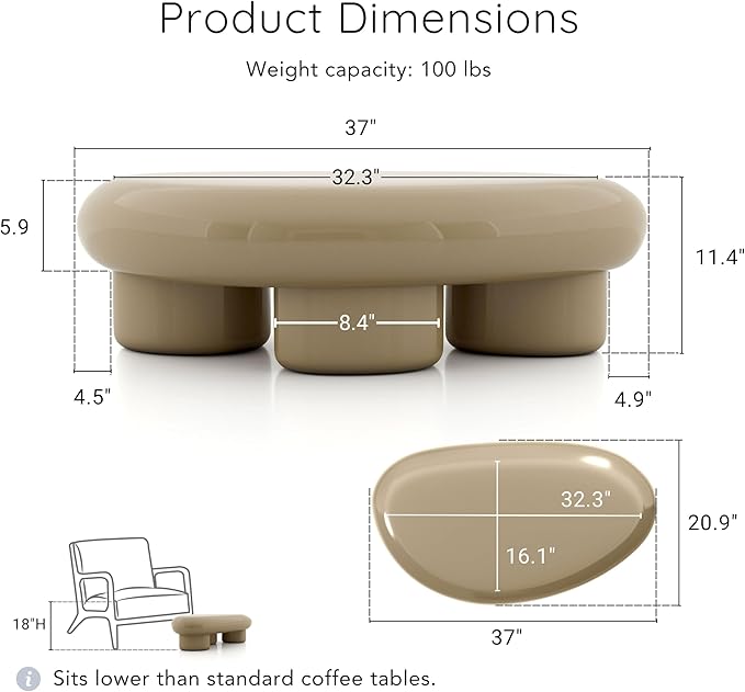 24/7 Shop at Home Kavren Modern 37-inch Oval Glossy Low Profile Coffee Table, Stone Shape Living Room Furniture for Small Space, Light Brown