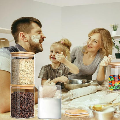 1.2 Qt Square Glass Storage Containers with Lids, glass jar with airtight lid, Glass Canister for Pantry Cookie Flour Cereal Rice Sugar Tea Coffee Beans Spice, Square Set of 4