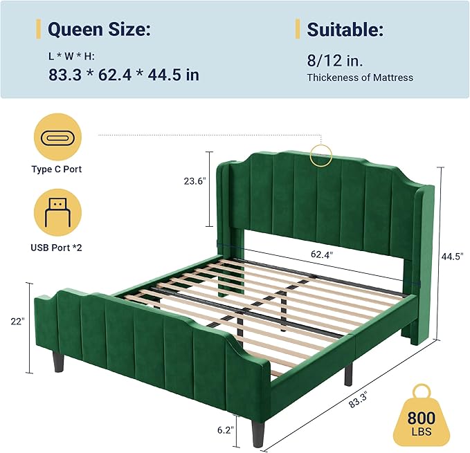 Allewie Vintage Queen Size Velvet Platform Bed Frame with Curved Vertical Tufted Wingback Headboard and Footboard, Charging Station, Easy Assembly, Under Bed Storage, No Box Spring Required, Green