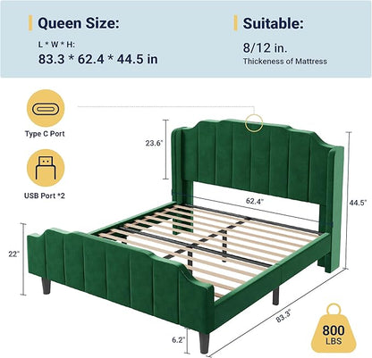 Allewie Vintage Queen Size Velvet Platform Bed Frame with Curved Vertical Tufted Wingback Headboard and Footboard, Charging Station, Easy Assembly, Under Bed Storage, No Box Spring Required, Green