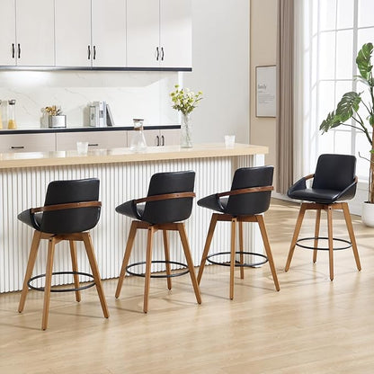 Mid-Century Swivel Bar Stools Set of 6, 26.5 inch Counter Height Barstools PU Leather Bar Chairs with Wooden Frame for Kitchen Island Dining Room, Black