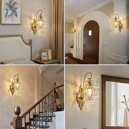 Gold Crystal Vintage Wall Sconces Indoor Hardwired Wall Light Fixture, Modern Wall Mount Lamp Light for Bedroom Living Room Bathroom Vanity Light Hallway Light Fixture Decor LED E12