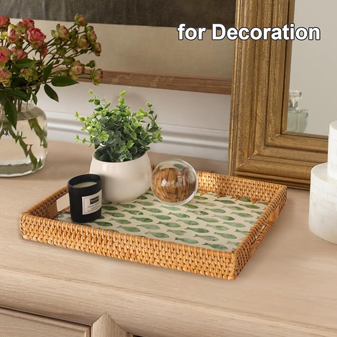 Rectangle Rattan Tray with Mother of Pearl Inlay, Rattan Serving Tray with Handle for Coffee, Bread, Fruits, Snacks, Decorative Wicker Tray for Table Decor (Rectangle Green Fish, 13"×9")
