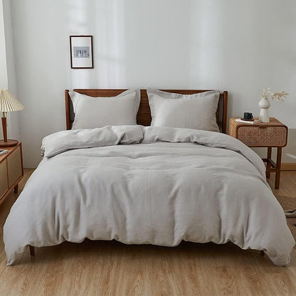 Simple&Opulence 100% Linen Duvet Cover Set, 3 PCS Natural French Flax Light Grey Duvet Cover Full Size, Breathable Soft Comfy Linen Bedding Comforter Cover with 2 Pillowcases(Light Grey, 78"x86")