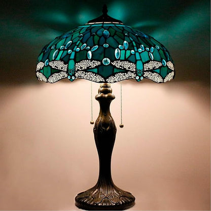 WERFACTORY Tiffany Table Lamp Green Stained Glass Dragonfly Bedside Lamp 16X16X24 Inches Desk Reading Light Metal Base Decor Bedroom Living Room Home Office S622 Series