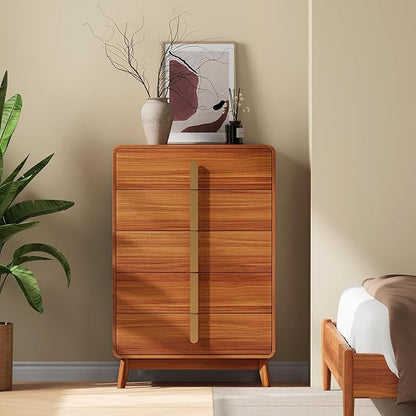 Dresser for Bedroom with 5 Drawers,Mid Century Modern Dresser with Storage,31" Modern Chest of Drawers with Metal Handles,Large Wood Drawer Organizer for Bedroom,Living Room,Hallway,Cherry