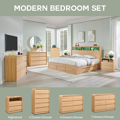 Modern 6 Drawers Dresser for Bedroom, 47" Wide Wood Dressers & Chests of Drawers w/Curved Profile Design, Mid Century Modern Dresser w/Natural Texture for Bedroom, Living Room, Natural Oak