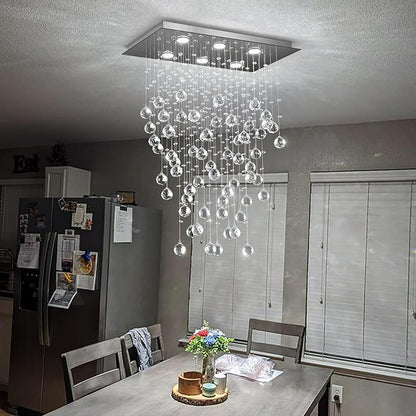 Glam Crystal Chandelier with Bulb Rain Drop Pendants Ceiling Light LED Lighting Rectangular Dining Room Light Fixture Dimmable LED Light