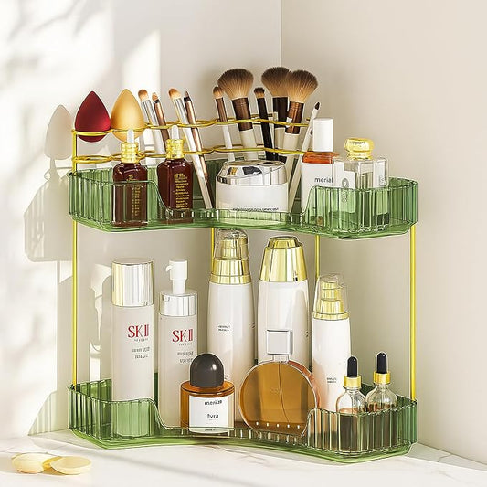 SUNZOS Bathroom Counter Organizer, Corner Vanity Cosmetic Storage with Makeup Brush Holder, Countertop Organizers for Dresser (2 Tier, Green)