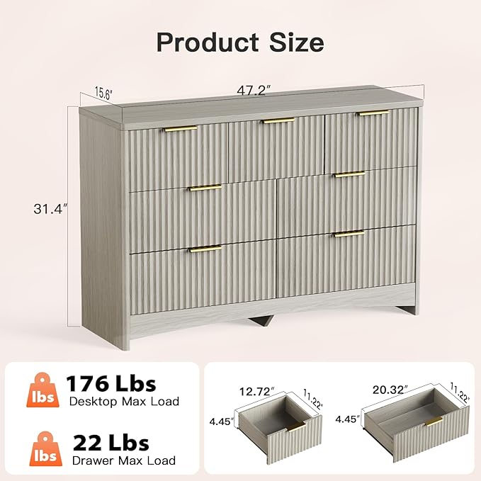 Pipishell Fluted 7 Drawers Dresser for Bedroom, 47" Wooden Drawers with Metal Handle, Dressers with Round Corner Design, Closet Storage Organizer for Bedroom, Hallway, Grey