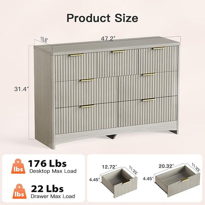 Pipishell Fluted 7 Drawers Dresser for Bedroom, 47" Wooden Drawers with Metal Handle, Dressers with Round Corner Design, Closet Storage Organizer for Bedroom, Hallway, Grey
