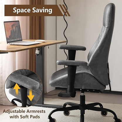 YFO Home Office Chair High Back Office Rubber Chair Casters Ergonomic Computer Chair with Lumbar Support Adjustable Height Rolling Swivel Chair Executive Task Armrests, Grey Leather