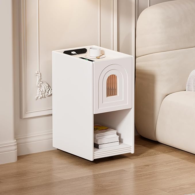 homary Modern Narrow White Nightstand with USB Port & Sensor Light, Smart Bedside Table with Charging Station for Bedrooms Living Rooms