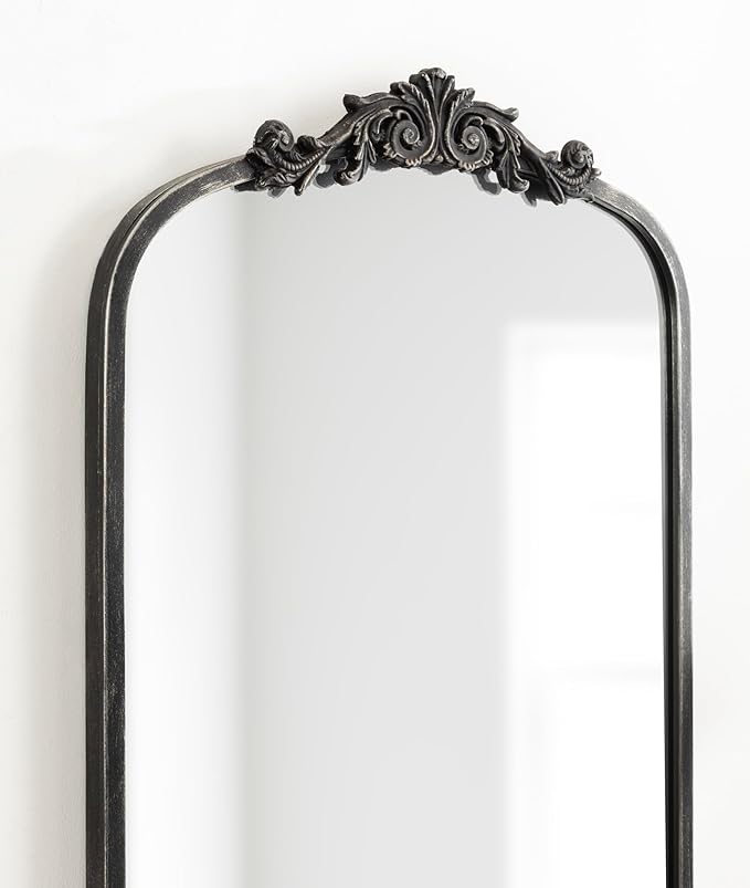 Kate and Laurel Arendahl Vintage Arched Tall Panel Mirror, 18 x 58, Antique Black, Traditional Baroque Full Length Mirror with Ornate Garland Inspired Crown for Bedroom Body Mirror Decor
