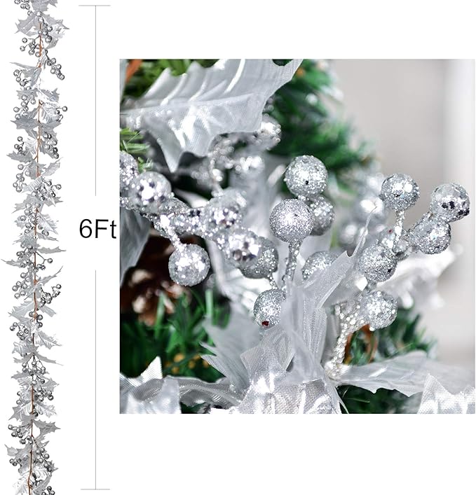 DearHouse 6FT Silver Berry Christmas Garland, Flexible Artificial Berry Garland for Indoor Outdoor Home Fireplace Decoration for Winter Christmas Holiday New Year Decor