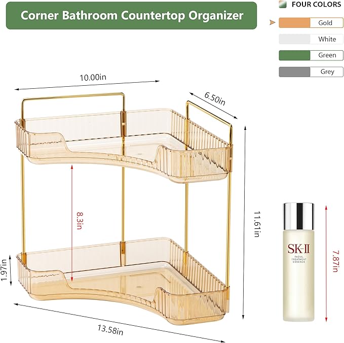 Corner Bathroom Counter Organizer Bathroom Countertop Shelf Makeup Organizer for Vanity Perfume Corner Storage (2 Tiers, Gold)