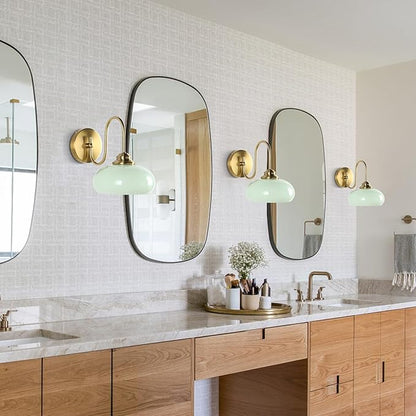 KCO Lighting Mid Century Modern Wall Sconce Vintage 1-Light Green Glass Wall Sconce Antique Brass Wall Light Fixture Brushed Gold Bathroom Vanity Light Hallway Sconces Wall Lighting
