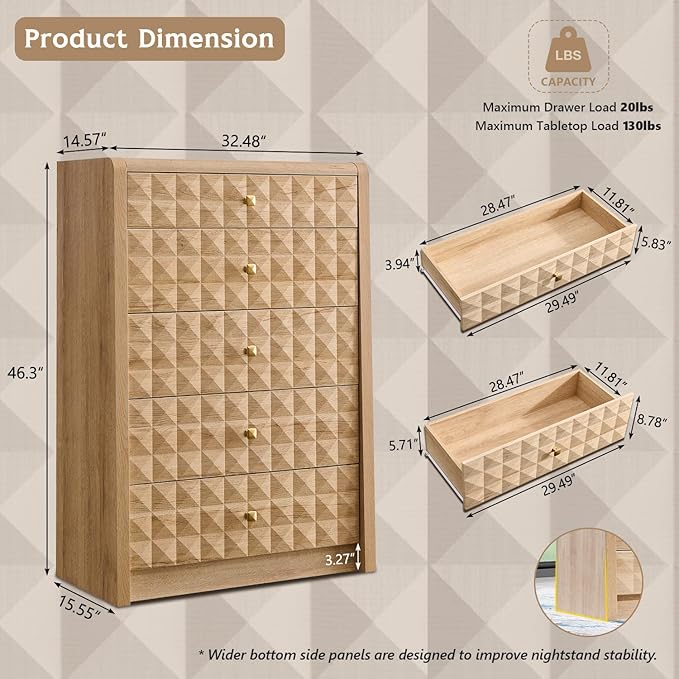 Modern 5 Drawer Dresser for Bedroom, Wooden Tall Dressers &Chests of Drawers w/Two Different Drawer Sizes, Mid Century Modern Dresser w/Diamond Panel Decorate for Bedroom,Curved Profile Design,Natural