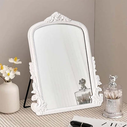 11.8" x 9.6" Small White Arched Vanity Mirror, Vintage Makeup Mirror Baroque Style Arendahl Carved Mirror with Frame for Desk Decorative Table Aesthetic