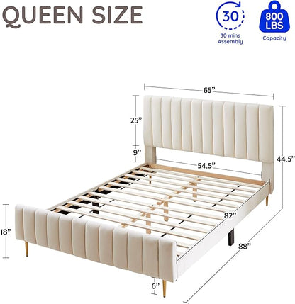 Livinia Queen Size Elton Velvet Platform Bed, Upholstered Bed Frame with Vertical Channel Tufted Headboard Footboard, Strong Wood Slats, No Box Spring Needed, Ivory (Queen)