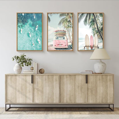 HOURIA Summer Surfboard Beach Framed Canvas Wall Art Set,Modern Ocean Surfing Seascape Wall Decor,Coastal Bus Coconut Tree Wall Painting,Nature Botanical Art Prints for Living Room, Bedroom-24 x36 x3