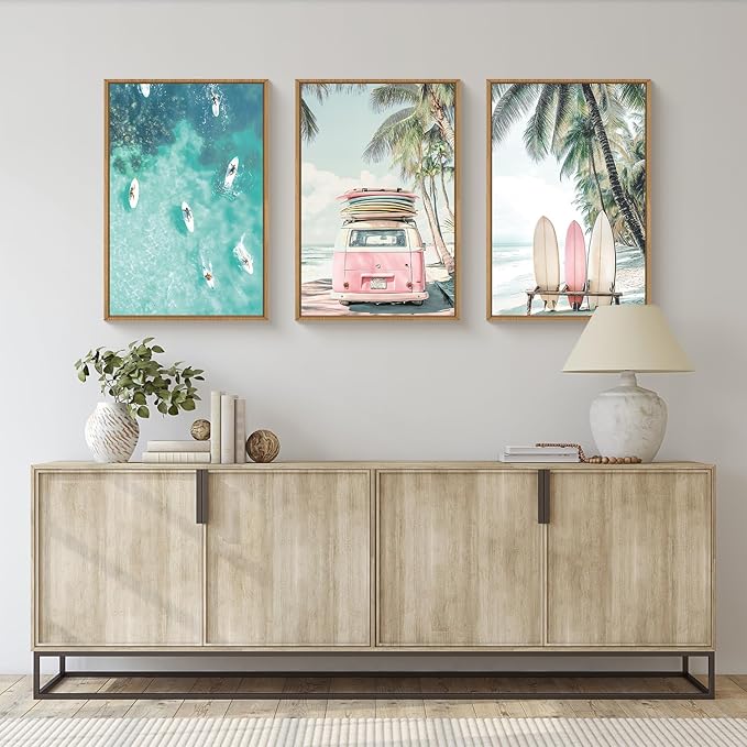 HOURIA Summer Surfboard Beach Framed Canvas Wall Art Set,Modern Ocean Surfing Seascape Wall Decor,Coastal Bus Coconut Tree Wall Painting,Nature Botanical Art Prints for Living Room, Bedroom-16 x24 x3