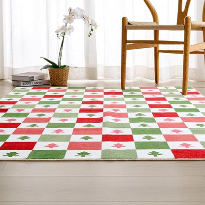 Christmas Checkered Rug 4x6 Washable, Ultra Thin Cute Aesthetic Retro Colorful Christmas Tree Area Rugs for Living Room Bedroom Kitchen Entryway Dorm, Modern Mid-Century Winter Festive Accent Carpet