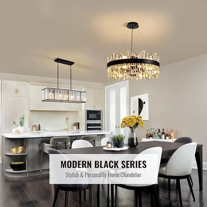 Siljoy 23.6'' Modern Crystal Chandelier, Luxury 2-Tiers Raindrop K9 Crystal Adjustable Flush Mount Hanging Ceiling Light for Dining Living Room Kitchen Entryway Foyer, E12 x 12, Matte Black