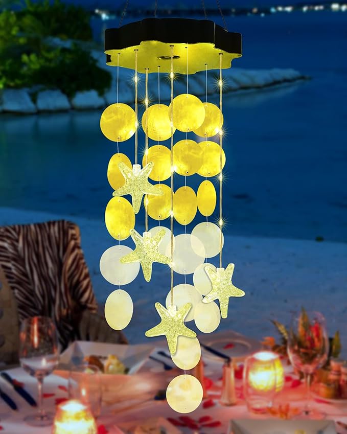Solar Shell Gift for Mom Grandma Girls, Yellow Solar Wind Chimes for Outside, Outdoor Decorative Mobile Lights for Garden, Yard, Patio, Window, Party, Outdoor Decorations(Warm White)