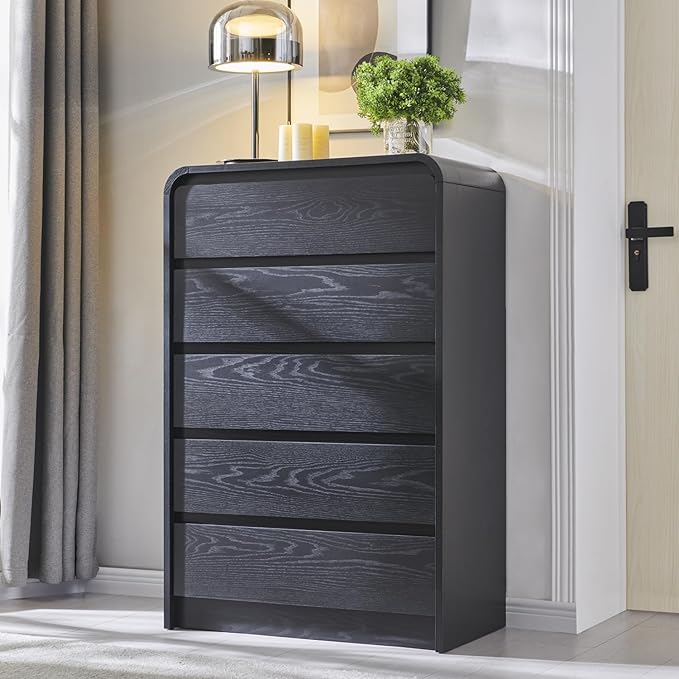 Modern 5 Drawers Dresser for Bedroom, 45" Tall Dressers & Chests of Drawers w/Curved Profile Design, Wood Mid Century Vertical Dresser w/Natural Texture for Bedroom, Living Room, Black