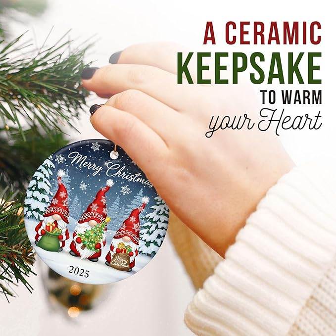 ZAGKOO Gnome Christmas Ornaments 2025 - Gnomes Gifts for Women - Gnome Ornament for Christmas Tree, Winter Gnomes Merry Xmas Decoration for Tree - Ceramic Dated Hanging Ornament 2025 Decoration