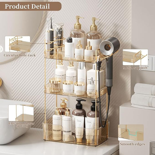 3 Tier Bathroom Organizer Countertop Makeup Perfume Skincare Organizer Comes with Hair Dryer Rack and Toothbrush Holder for Bathroom Dresser Vanity (Gold)